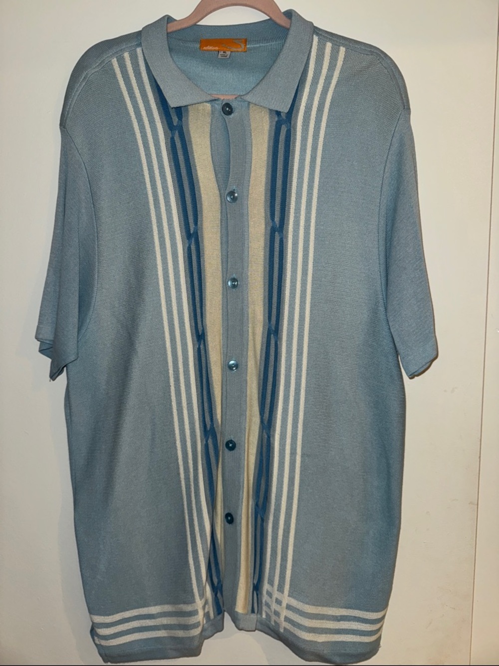 Light Blue Short-Sleeve Knit Polo Shirt with Vertical Stripes